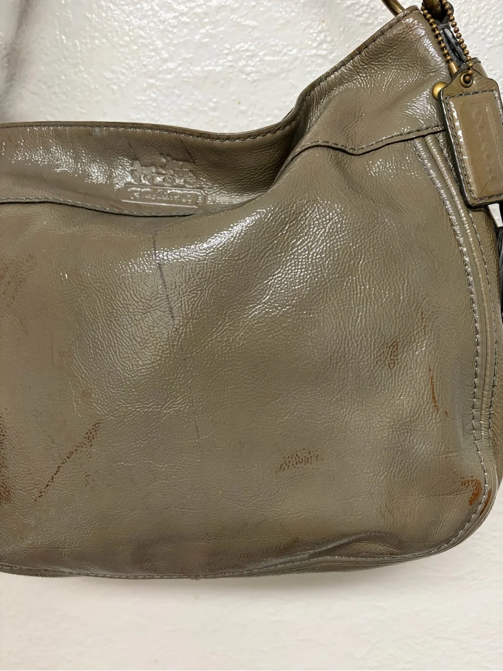 Coach Olive Green Patent Leather Hobo Shoulder Bag with Brass Hardware